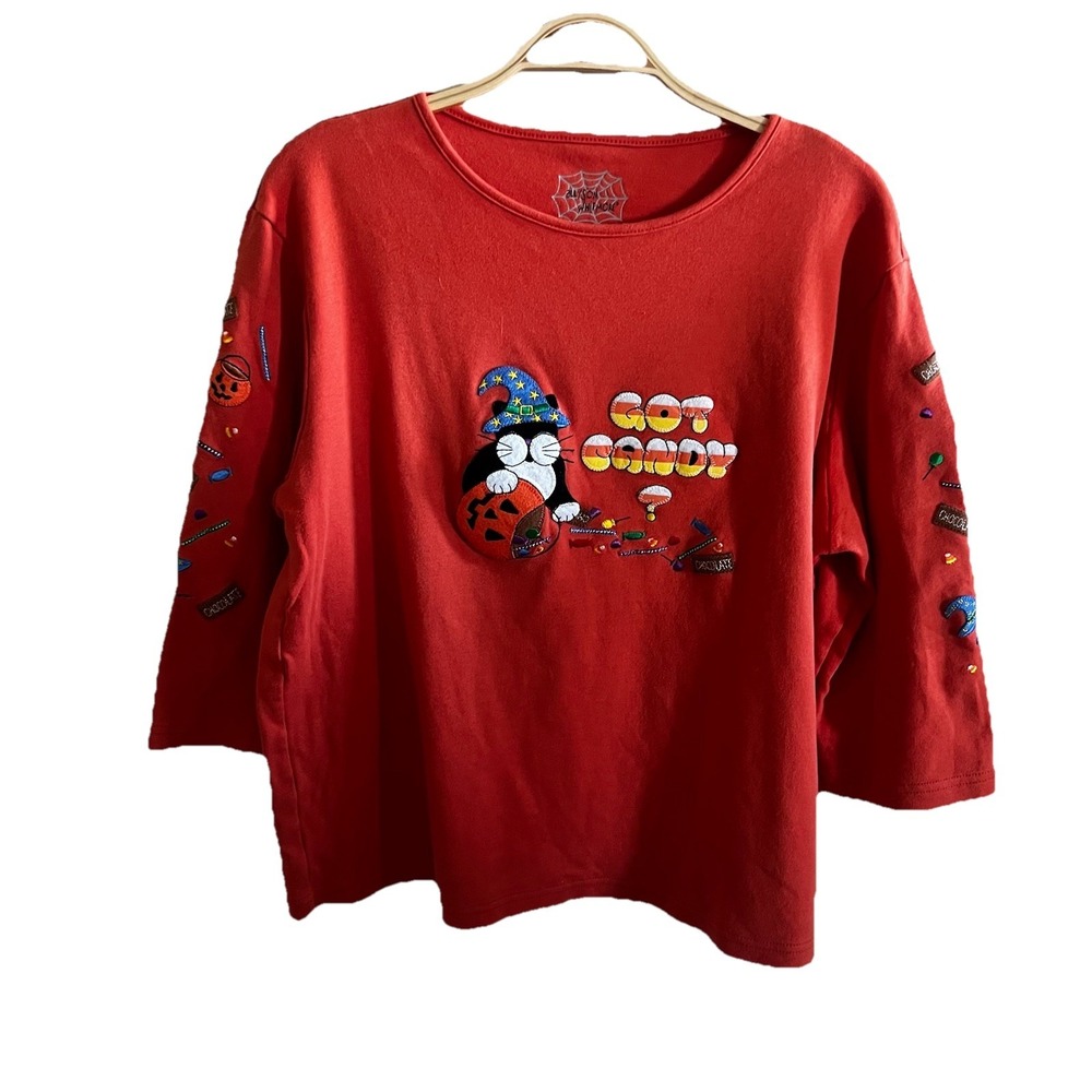Y2K 90s Allyson Whitmore Shirt XL Halloween Got Candy Embroidered‎ Cat Festival